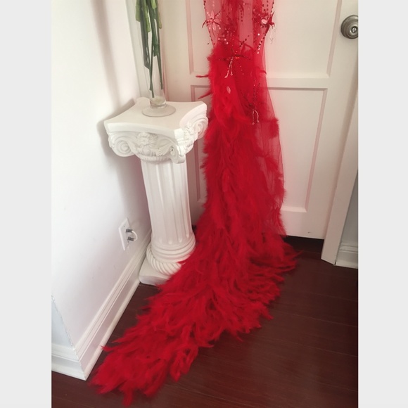NEW! RED ANGEL DRESS HAND BEADED REAL FEATHER GOWN - Picture 2 of 15